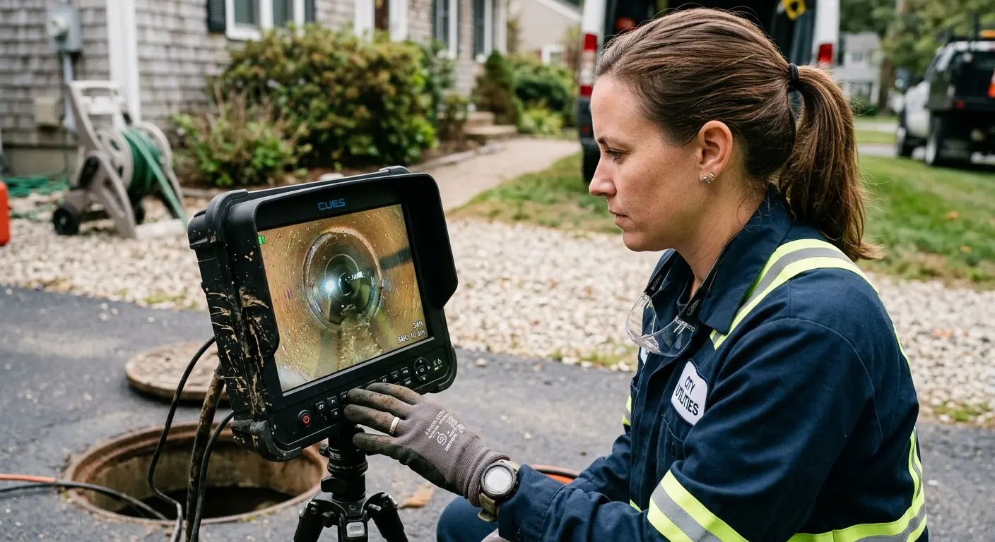 Technician reviewing sewer camera inspection footage in Bellview