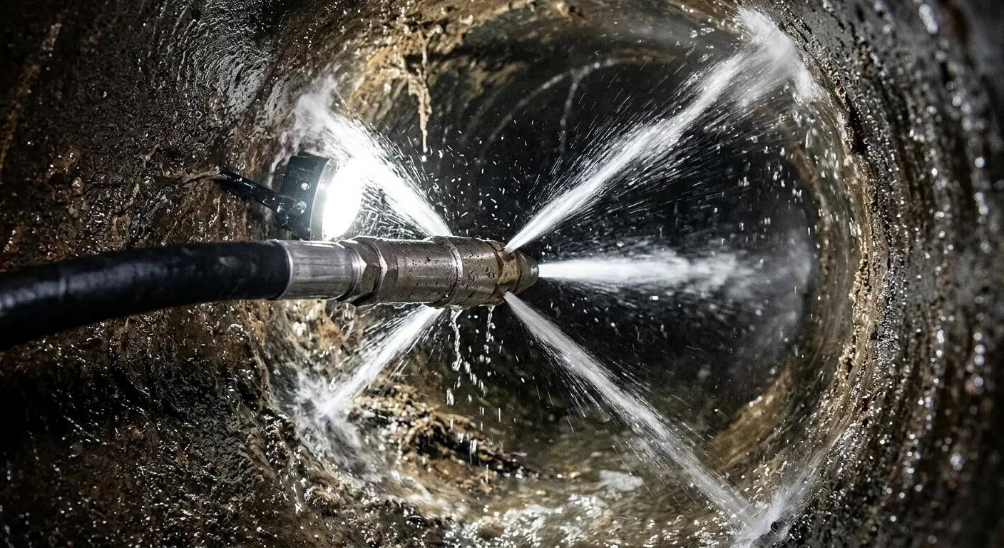 High-pressure hydro jetting nozzle cleaning sewer pipe for Emergency Drain Service in Bellview