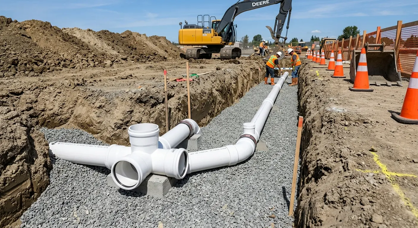 New PVC sewer pipe installation in open trench for Grease Trap Cleaning in Bellview