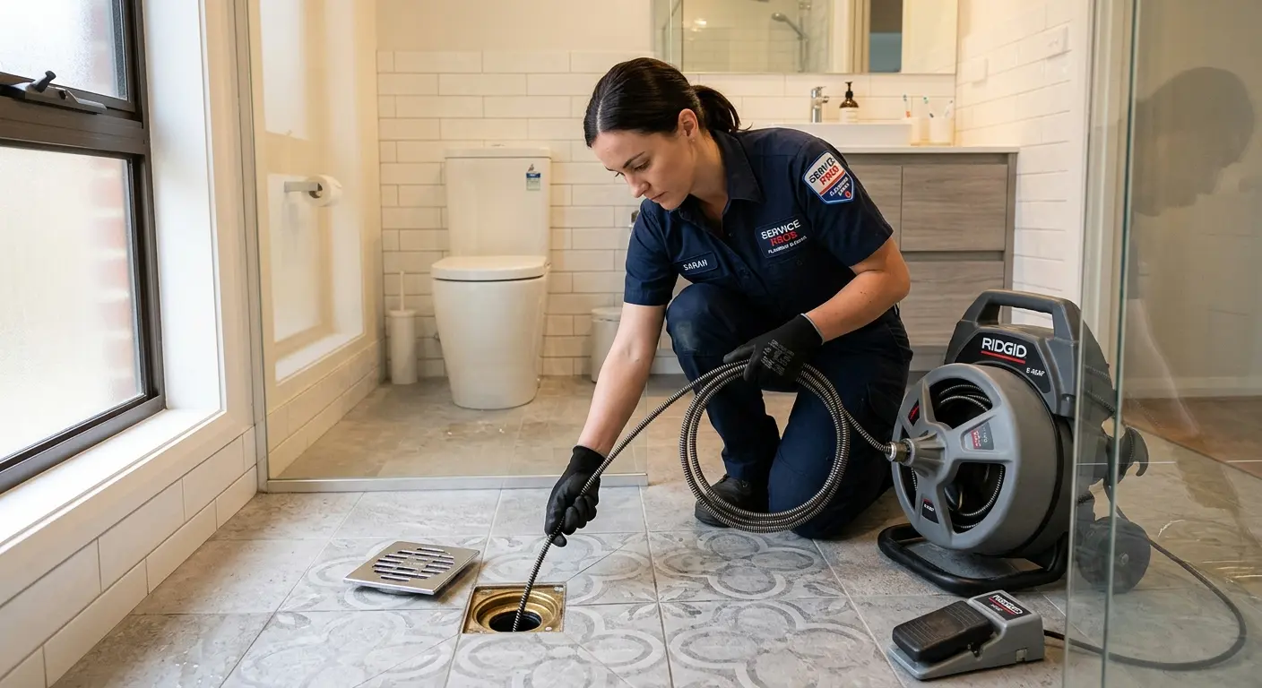 Technician clearing a bathroom floor drain for Hydro Jetting in Bellview